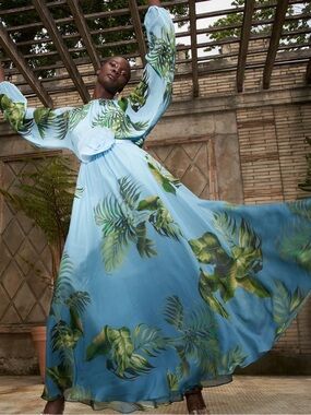 Cynthia Rowley Sky Blue Maxi Dress with Green Tropical Leaf Print